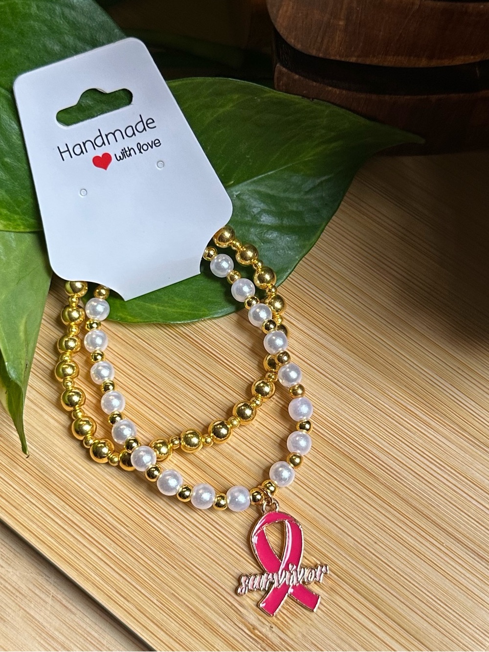 🎀Breast Cancer Awareness 2-PC Stretchy Bracelet Set | Handmade |Dangle Charm🎀